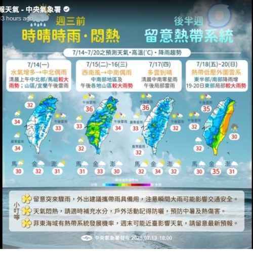 一周天氣一次看!「今3縣市高溫特報」沒雨時悶熱 輕颱百合影響曝...